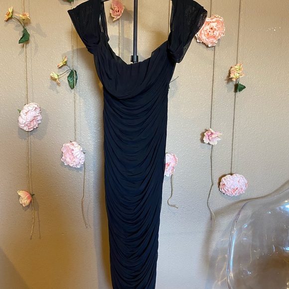 CAMEO OFF SHOULDER RUCHED MESH MIDI DRESS - Picture 3 of 4